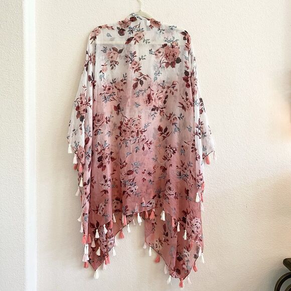 Lane Bryant Pink Floral Cardigan Duster Tassels Kimono One Size Women - Picture 6 of 10